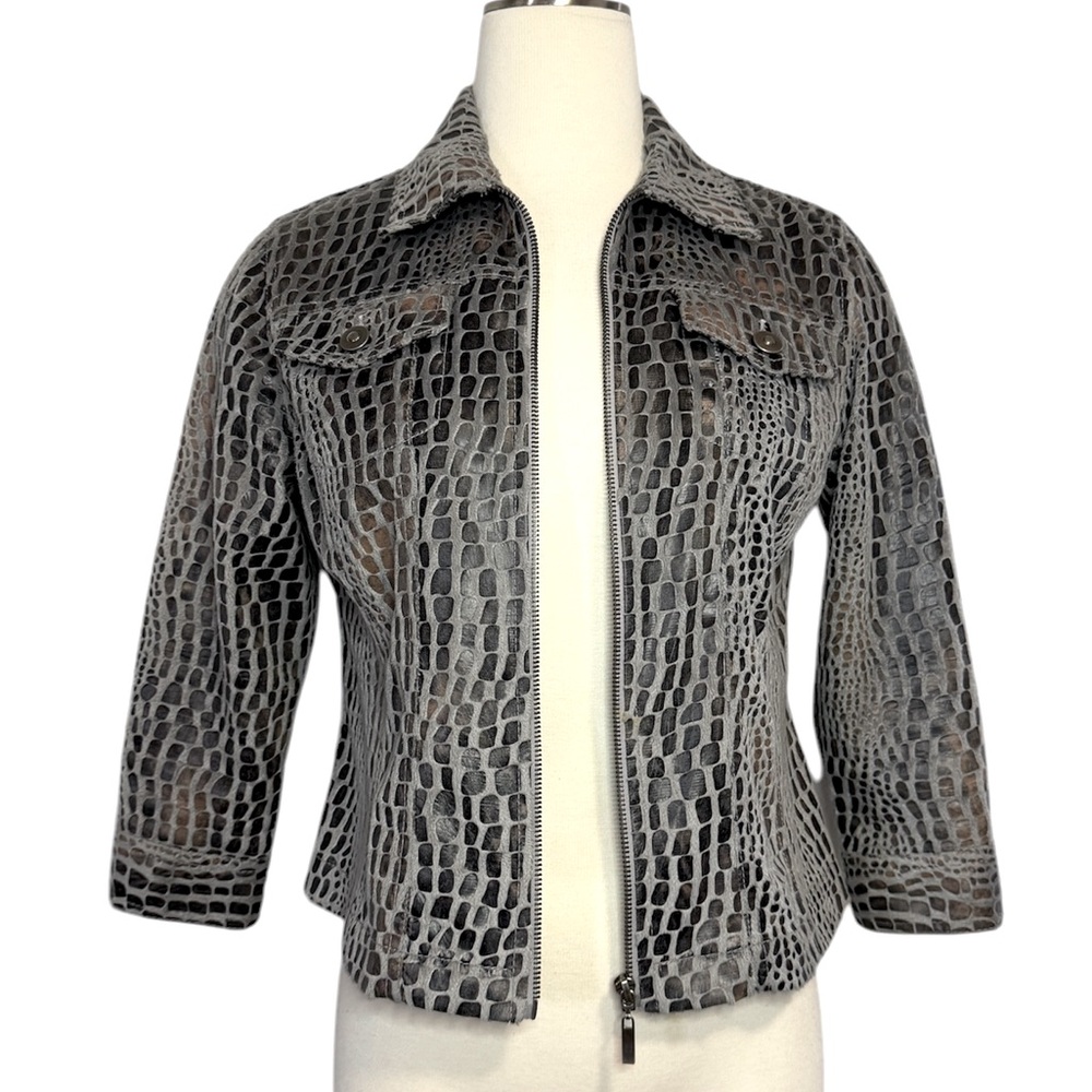 RUBY RD Cropped Jacket Gray Textured Snakeskin Print Zip-up 8P